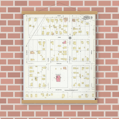 Old map wall art mockup — magnetic wood frame on brick wall — Sanborn Fire Insurance Map from Bangor, Van Buren County, Michigan (1918), Sheet #0003