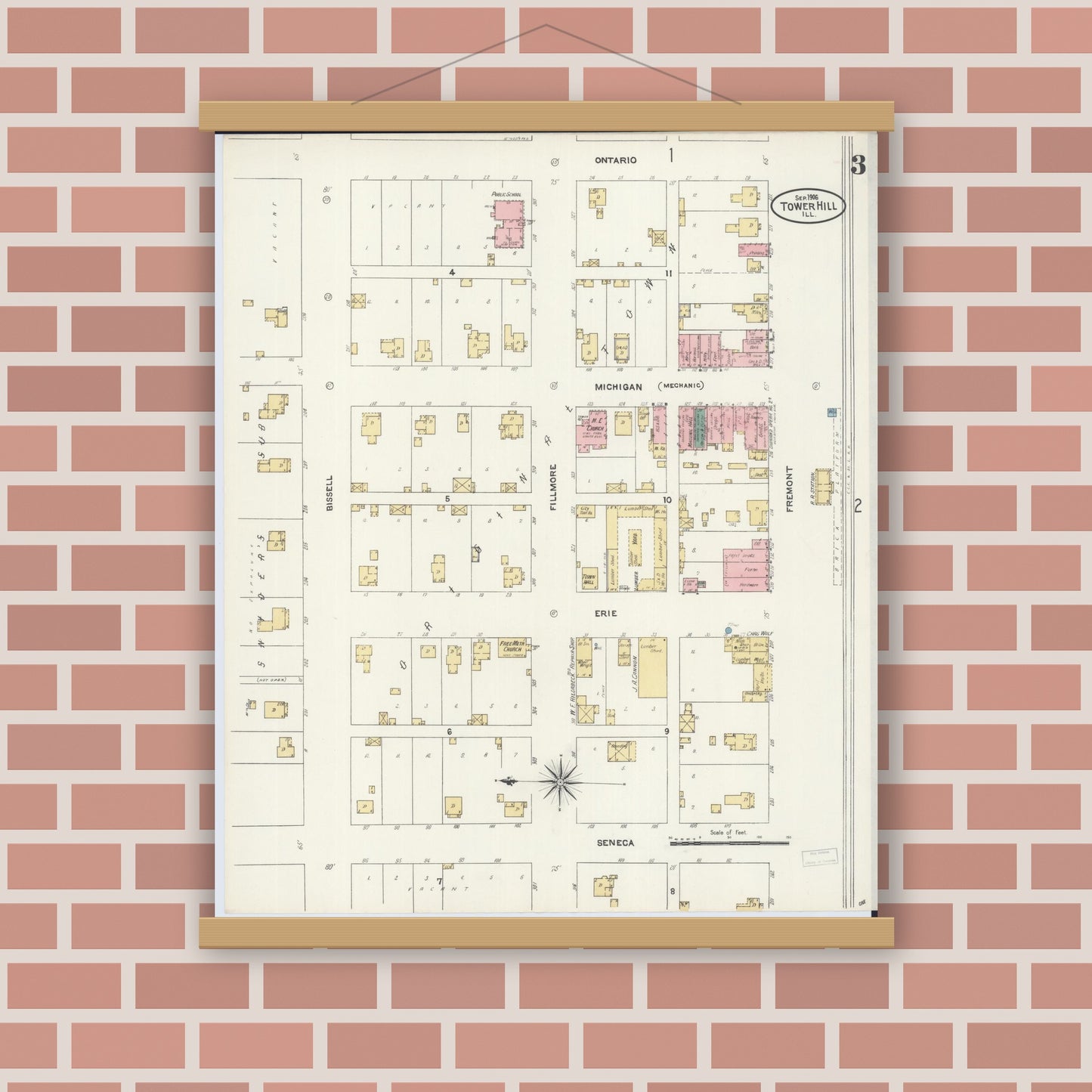 Old map wall art mockup — magnetic wood frame on brick wall — Sanborn Fire Insurance Map from Tower Hill, Shelby County, Illinois (1906), Sheet #0003