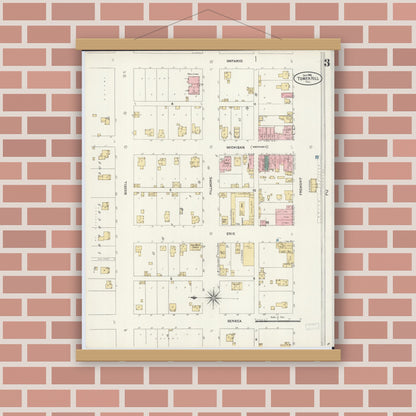 Old map wall art mockup — magnetic wood frame on brick wall — Sanborn Fire Insurance Map from Tower Hill, Shelby County, Illinois (1906), Sheet #0003
