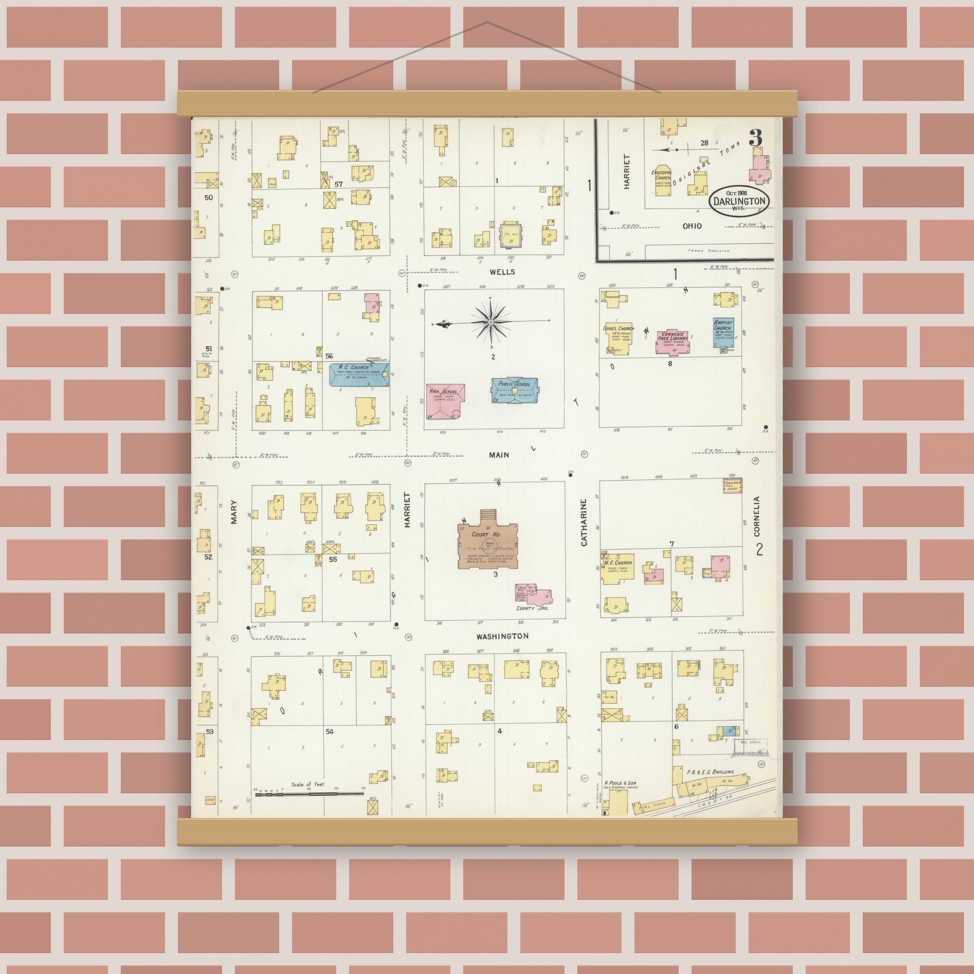 Old map wall art mockup — magnetic wood frame on brick wall — Sanborn Fire Insurance Map from Darlington, Lafayette County, Wisconsin (1908), Sheet #0003