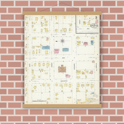 Old map wall art mockup — magnetic wood frame on brick wall — Sanborn Fire Insurance Map from Darlington, Lafayette County, Wisconsin (1908), Sheet #0003