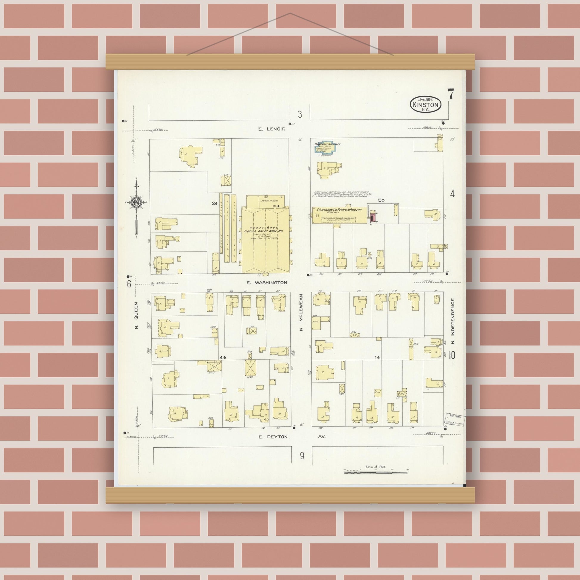 Old map wall art mockup — magnetic wood frame on brick wall — Sanborn Fire Insurance Map from Kinston, Lenoir County, North Carolina (1914), Sheet #0007
