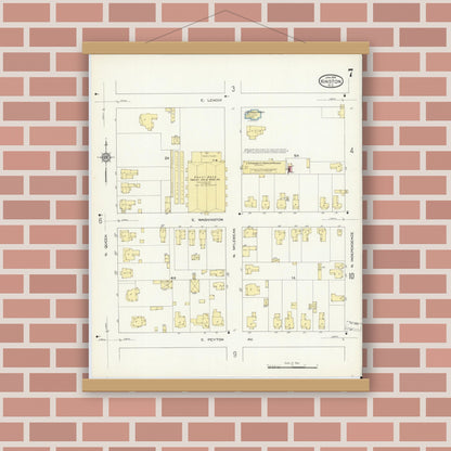 Old map wall art mockup — magnetic wood frame on brick wall — Sanborn Fire Insurance Map from Kinston, Lenoir County, North Carolina (1914), Sheet #0007