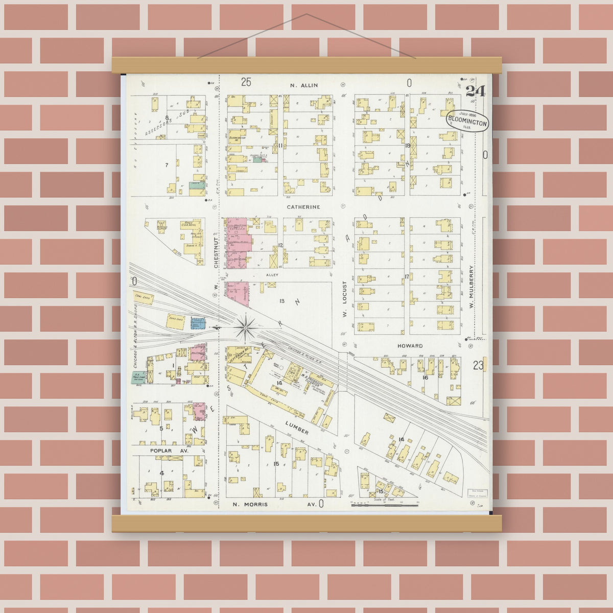 Old map wall art mockup — magnetic wood frame on brick wall — Sanborn Fire Insurance Map from Bloomington, McLean County, Illinois (1896), Sheet #0024