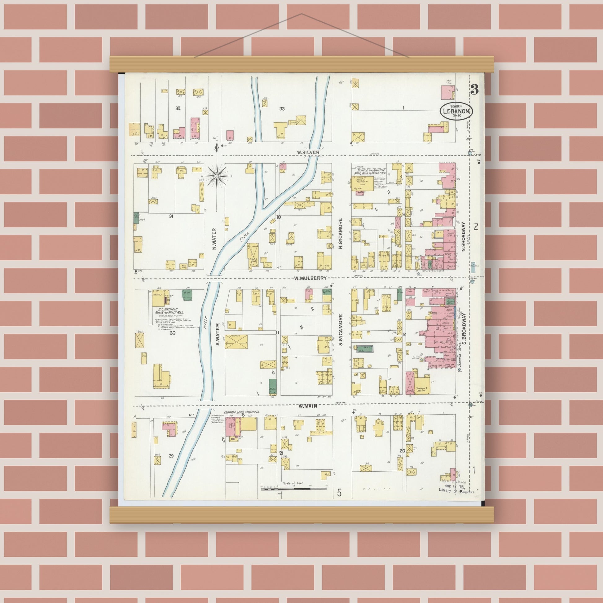 Old map wall art mockup — magnetic wood frame on brick wall — Sanborn Fire Insurance Map from Lebanon, Warren County, Ohio (1901), Sheet #0003