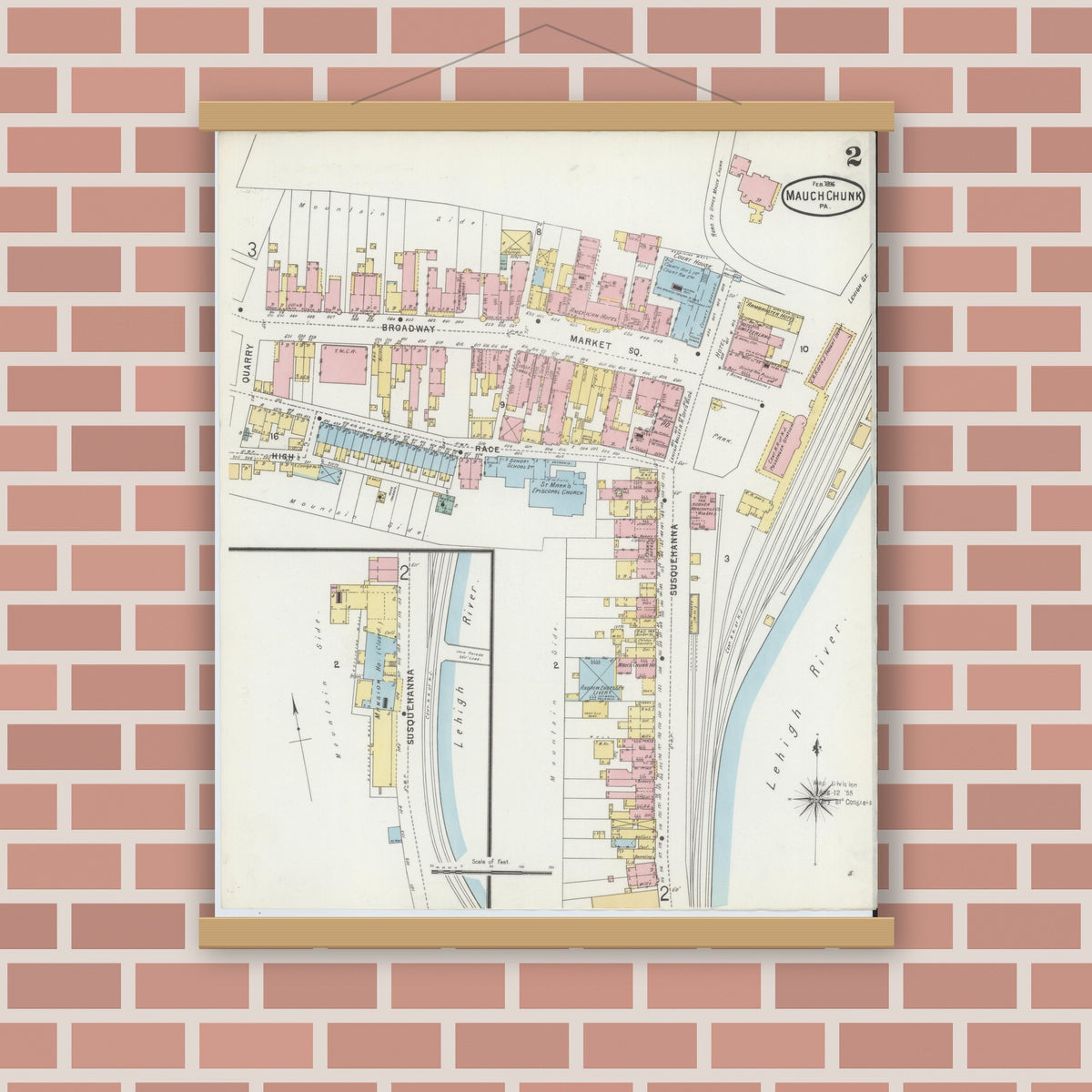 Old map wall art mockup — magnetic wood frame on brick wall — Sanborn Fire Insurance Map from Mauch Chunk, Carbon County, Pennsylvania (1896), Sheet #0002