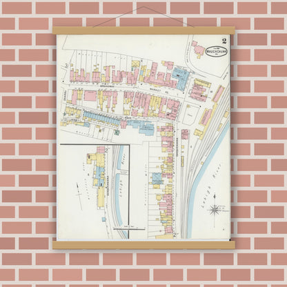 Old map wall art mockup — magnetic wood frame on brick wall — Sanborn Fire Insurance Map from Mauch Chunk, Carbon County, Pennsylvania (1896), Sheet #0002