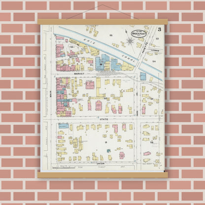 Old map wall art mockup — magnetic wood frame on brick wall — Sanborn Fire Insurance Map from Brockport, Monroe County, New York (1892), Sheet #0003