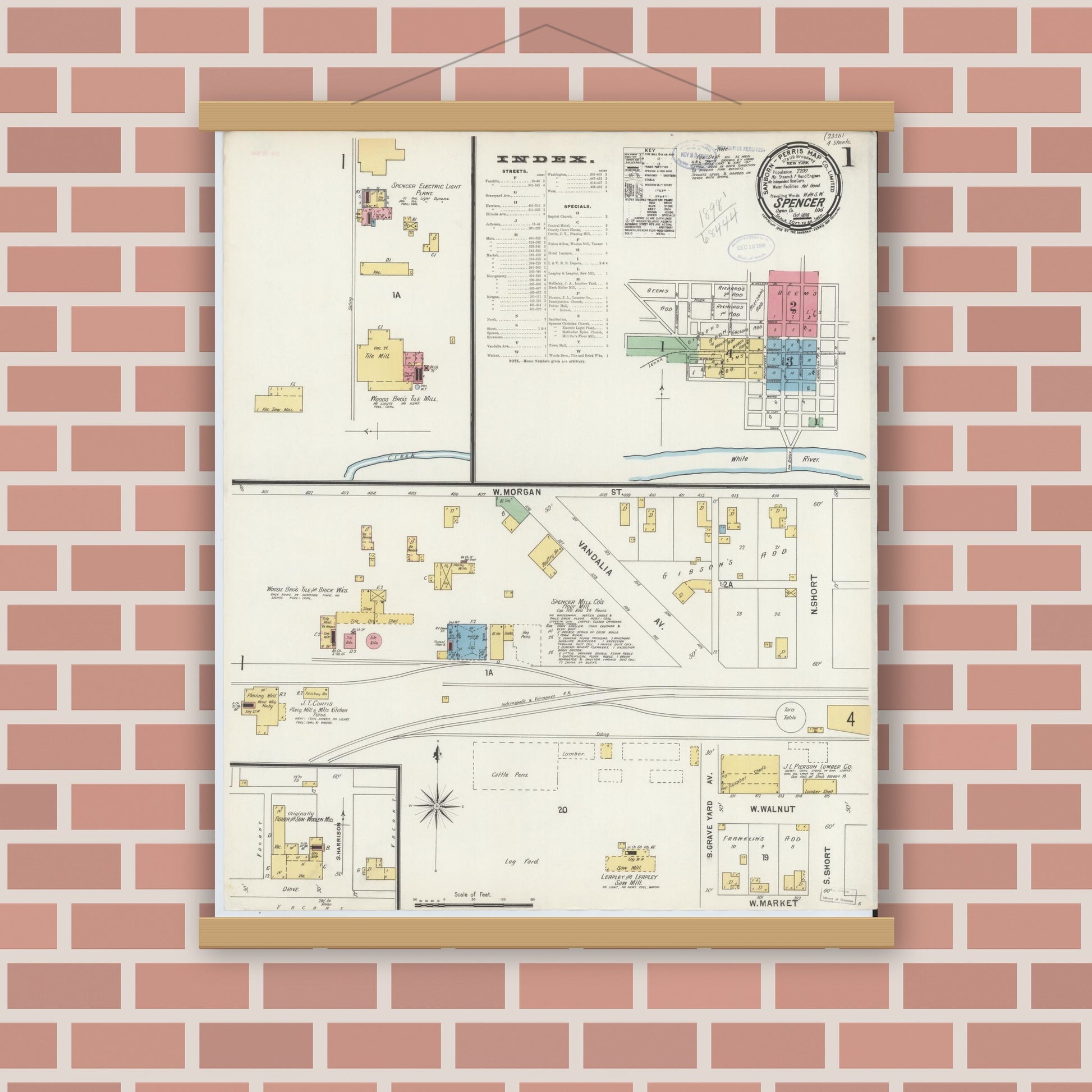 Old map wall art mockup — magnetic wood frame on brick wall — Sanborn Fire Insurance Map from Spencer, Owen County, Indiana (1898) - Complete Map Set