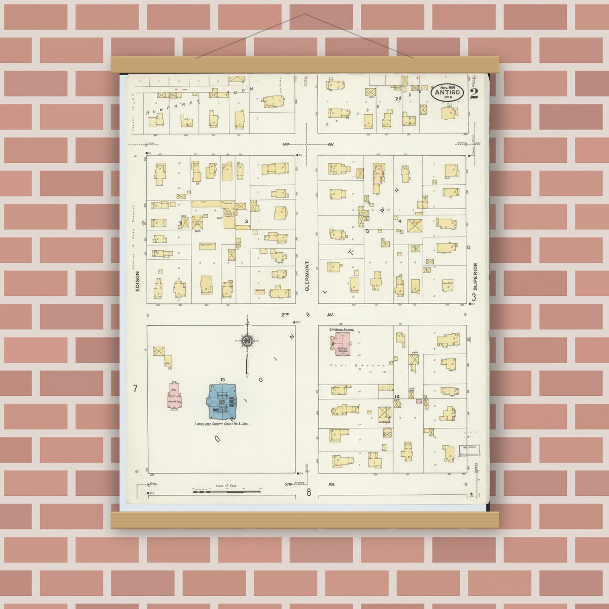 Old map wall art mockup — magnetic wood frame on brick wall — Sanborn Fire Insurance Map from Antigo, Langlade County, Wisconsin (1909), Sheet #0002