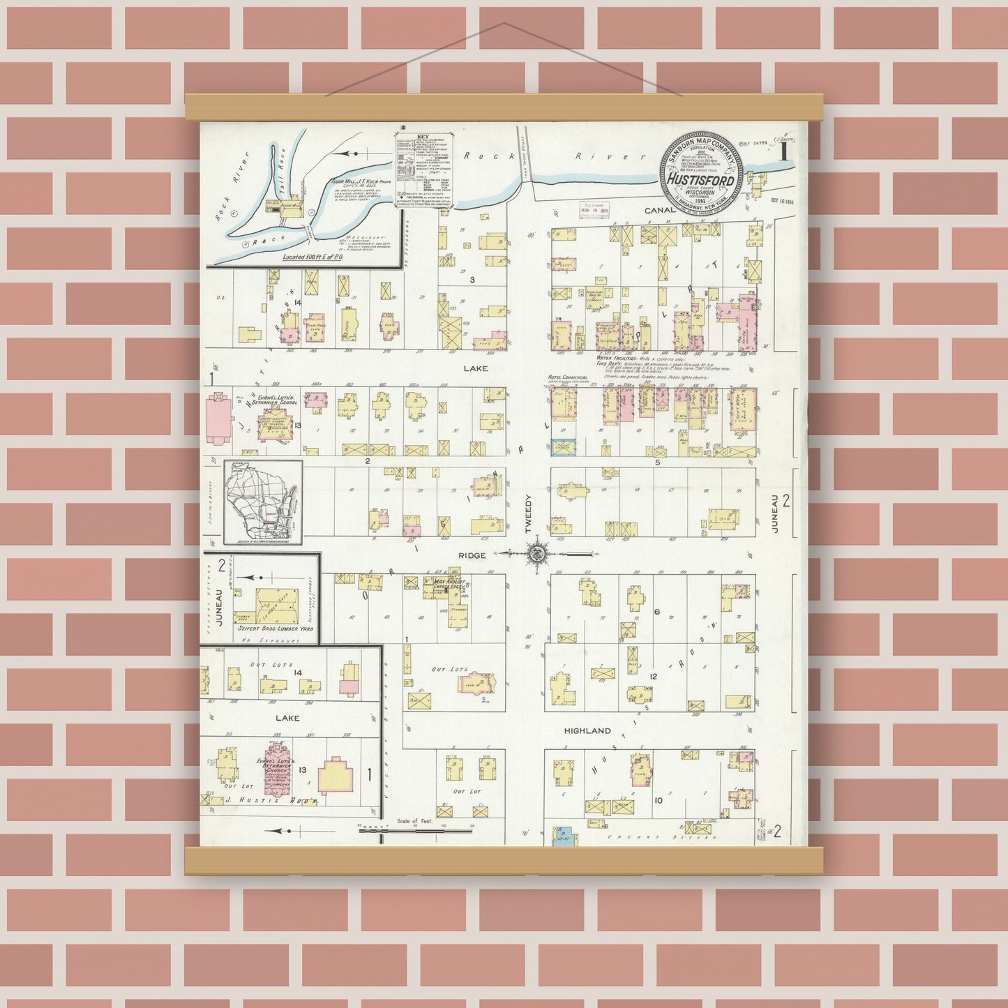 Old map wall art mockup — magnetic wood frame on brick wall — Sanborn Fire Insurance Map from Hustisford, Dodge County, Wisconsin (1914), Sheet #0001