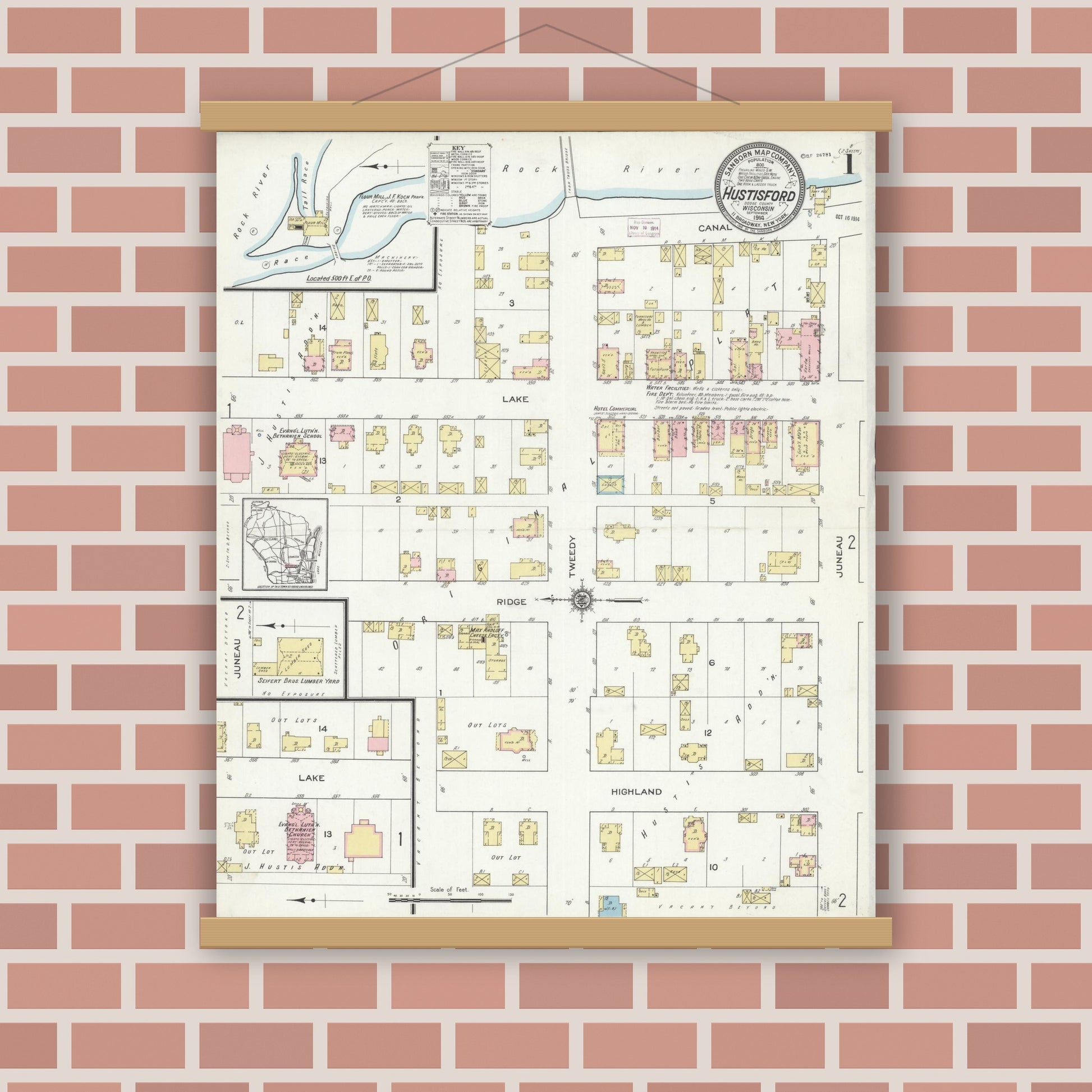 Old map wall art mockup — magnetic wood frame on brick wall — Sanborn Fire Insurance Map from Hustisford, Dodge County, Wisconsin (1914), Sheet #0001