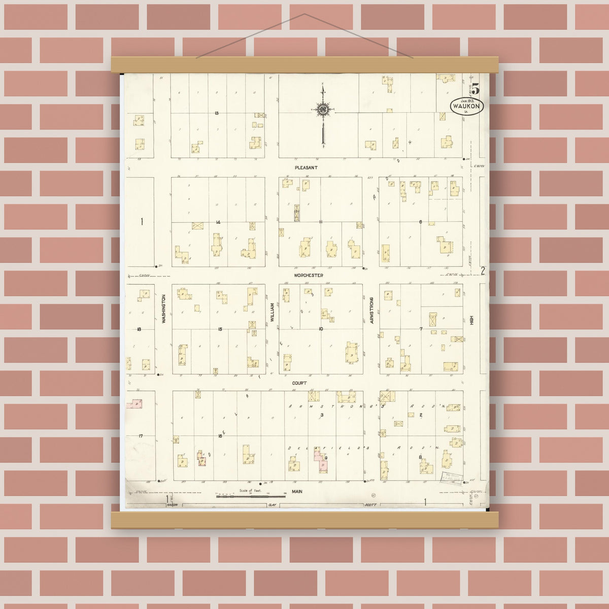 Old map wall art mockup — magnetic wood frame on brick wall — Sanborn Fire Insurance Map from Waukon, Allamakee County, Iowa (1913), Sheet #0005