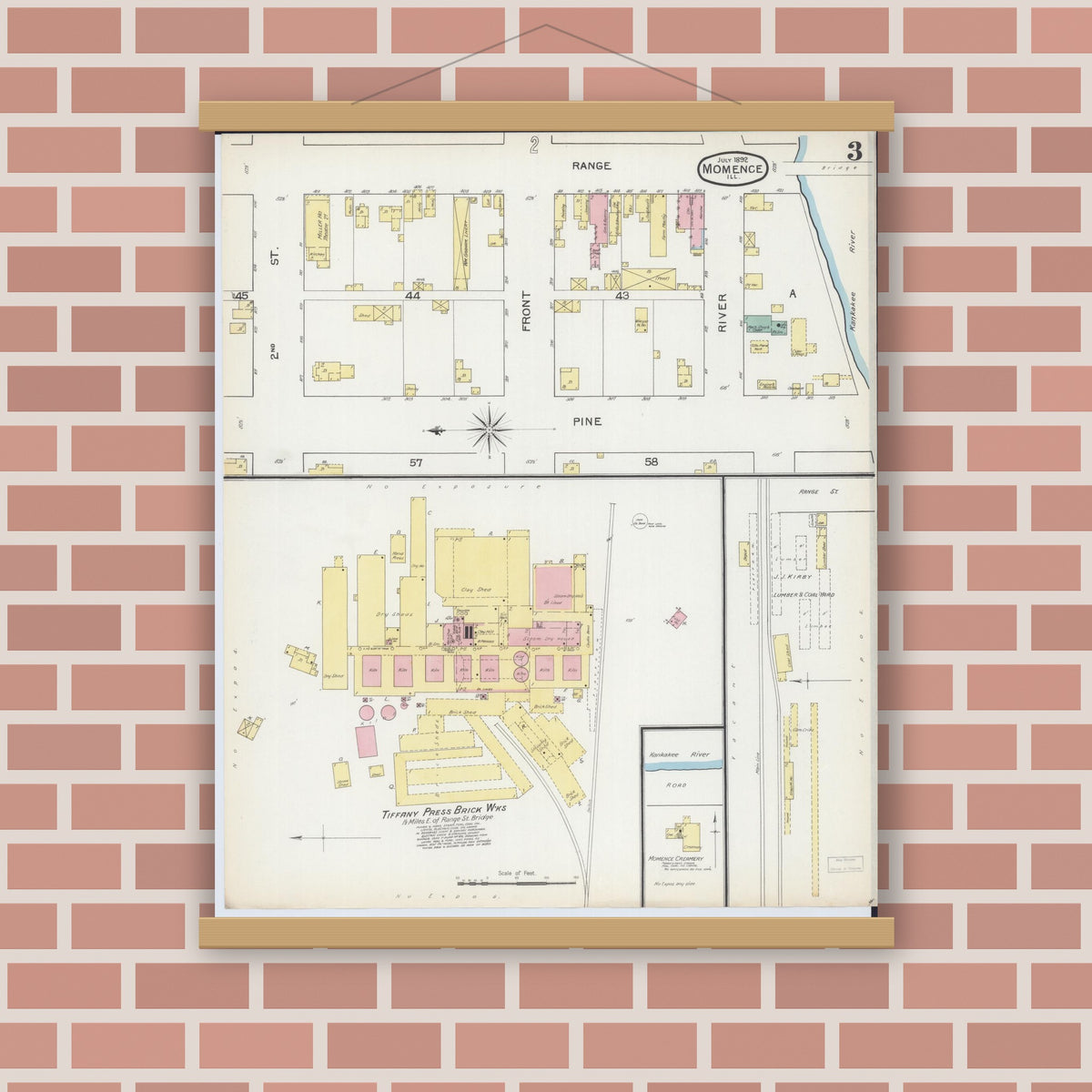 Old map wall art mockup — magnetic wood frame on brick wall — Sanborn Fire Insurance Map from Momence, Kankakee County, Illinois (1892), Sheet #0003