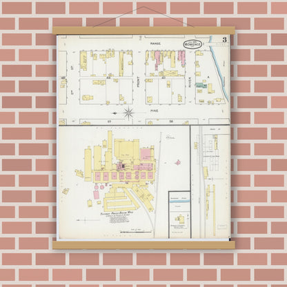 Old map wall art mockup — magnetic wood frame on brick wall — Sanborn Fire Insurance Map from Momence, Kankakee County, Illinois (1892), Sheet #0003