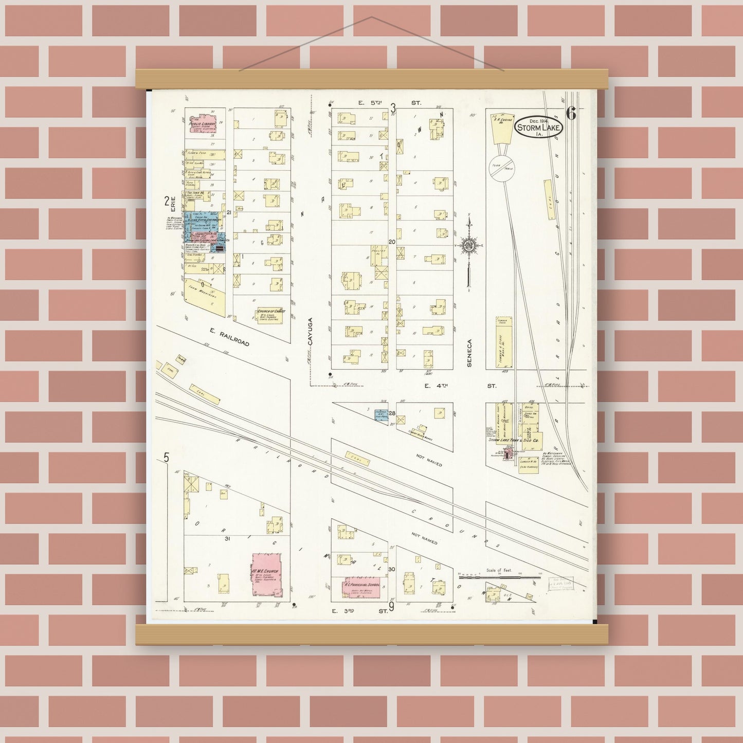 Old map wall art mockup — magnetic wood frame on brick wall — Sanborn Fire Insurance Map from Storm Lake, Buena Vista County, Iowa (1914), Sheet #0006