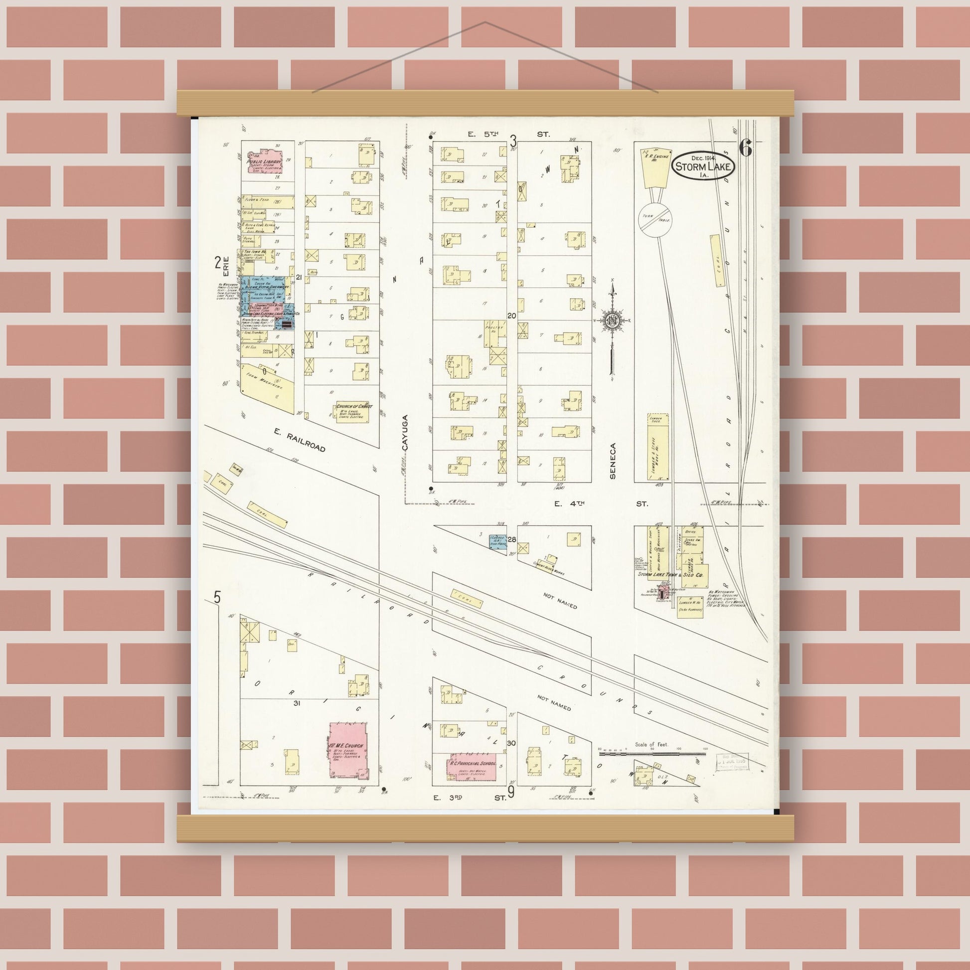Old map wall art mockup — magnetic wood frame on brick wall — Sanborn Fire Insurance Map from Storm Lake, Buena Vista County, Iowa (1914), Sheet #0006