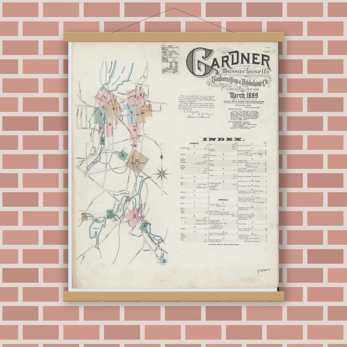 Old map wall art mockup — magnetic wood frame on brick wall — Sanborn Fire Insurance Map from Gardner, Worcester County, Massachusetts (1889) - Complete Map Set