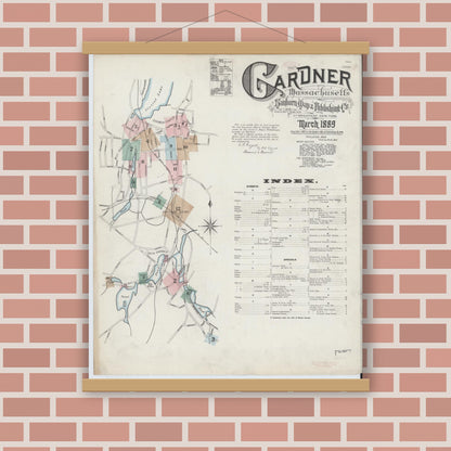 Old map wall art mockup — magnetic wood frame on brick wall — Sanborn Fire Insurance Map from Gardner, Worcester County, Massachusetts (1889) - Complete Map Set