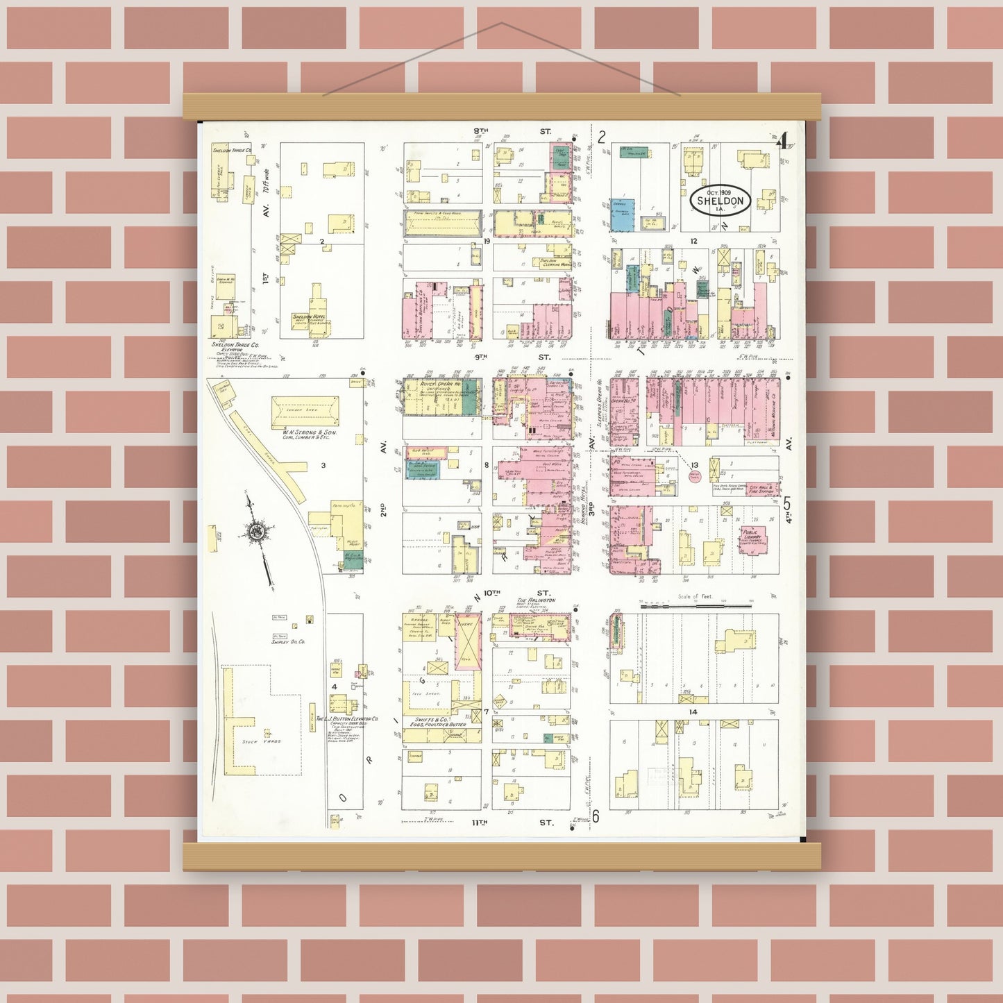 Old map wall art mockup — magnetic wood frame on brick wall — Sanborn Fire Insurance Map from Sheldon, O'Brien County, Iowa (1909), Sheet #0004
