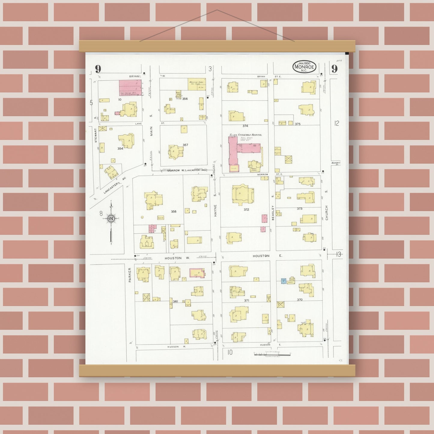 Old map wall art mockup — magnetic wood frame on brick wall — Sanborn Fire Insurance Map from Monroe, Union County, North Carolina (1930), Sheet #0009