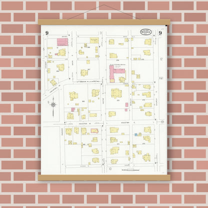 Old map wall art mockup — magnetic wood frame on brick wall — Sanborn Fire Insurance Map from Monroe, Union County, North Carolina (1930), Sheet #0009