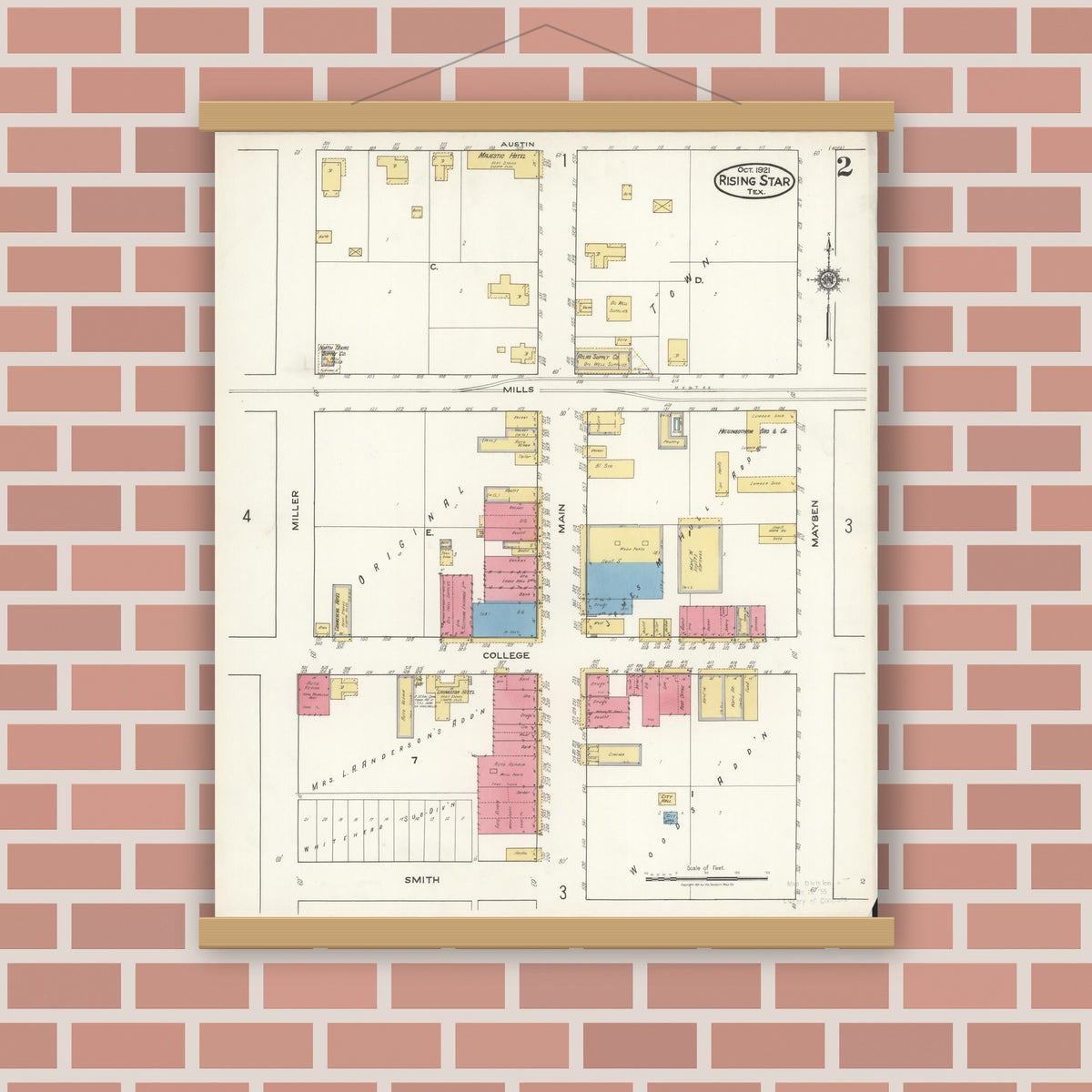 Old map wall art mockup — magnetic wood frame on brick wall — Sanborn Fire Insurance Map from Rising Star, Eastland County, Texas (1921), Sheet #0002