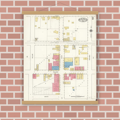 Old map wall art mockup — magnetic wood frame on brick wall — Sanborn Fire Insurance Map from Rising Star, Eastland County, Texas (1921), Sheet #0002