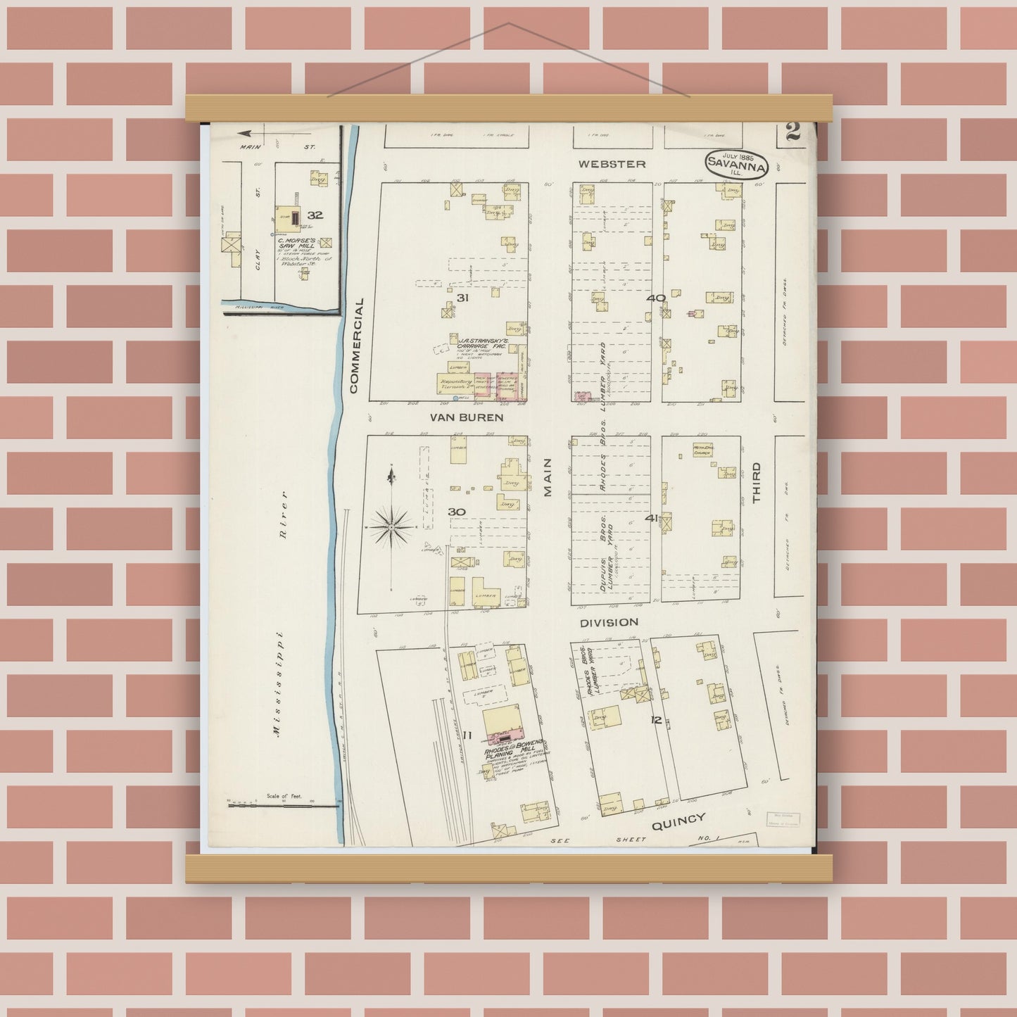 Old map wall art mockup — magnetic wood frame on brick wall — Sanborn Fire Insurance Map from Savanna, Carroll County, Illinois (1885), Sheet #0002