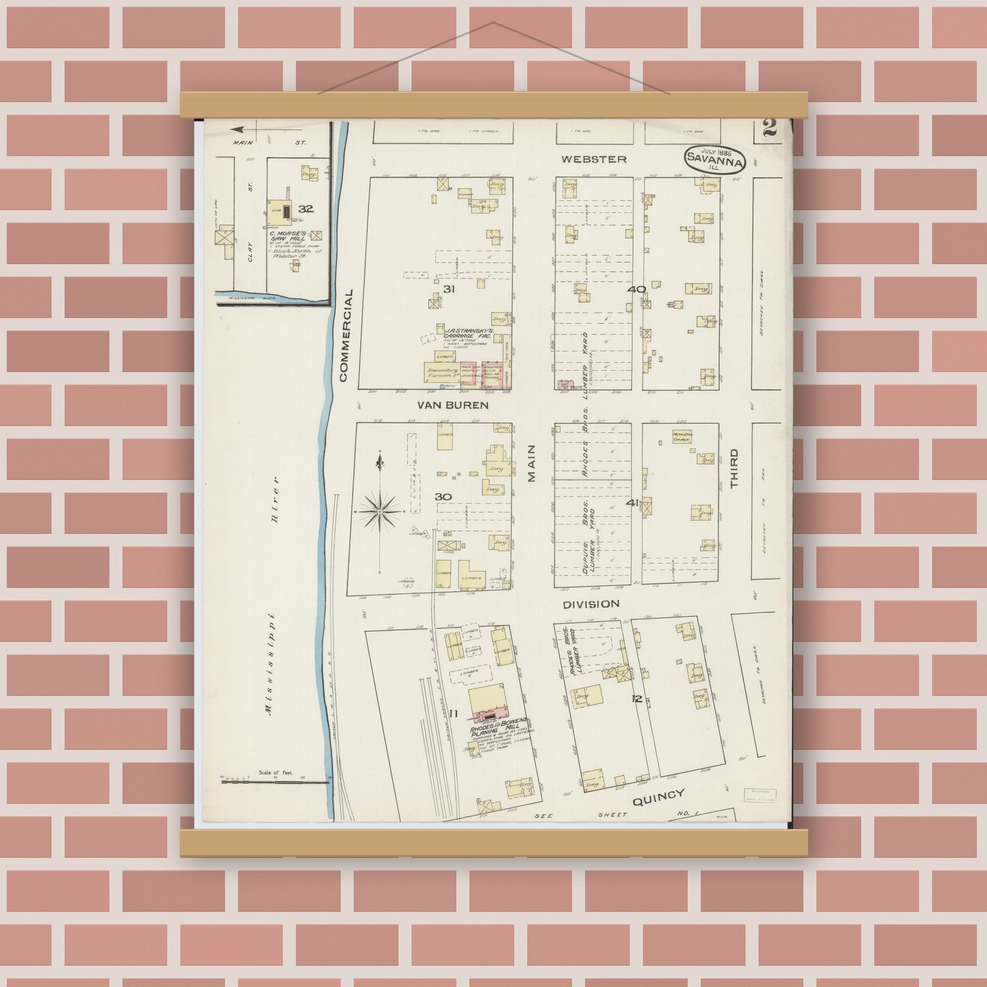 Old map wall art mockup — magnetic wood frame on brick wall — Sanborn Fire Insurance Map from Savanna, Carroll County, Illinois (1885), Sheet #0002