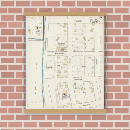 Old map wall art mockup — magnetic wood frame on brick wall — Sanborn Fire Insurance Map from Savanna, Carroll County, Illinois (1885), Sheet #0002