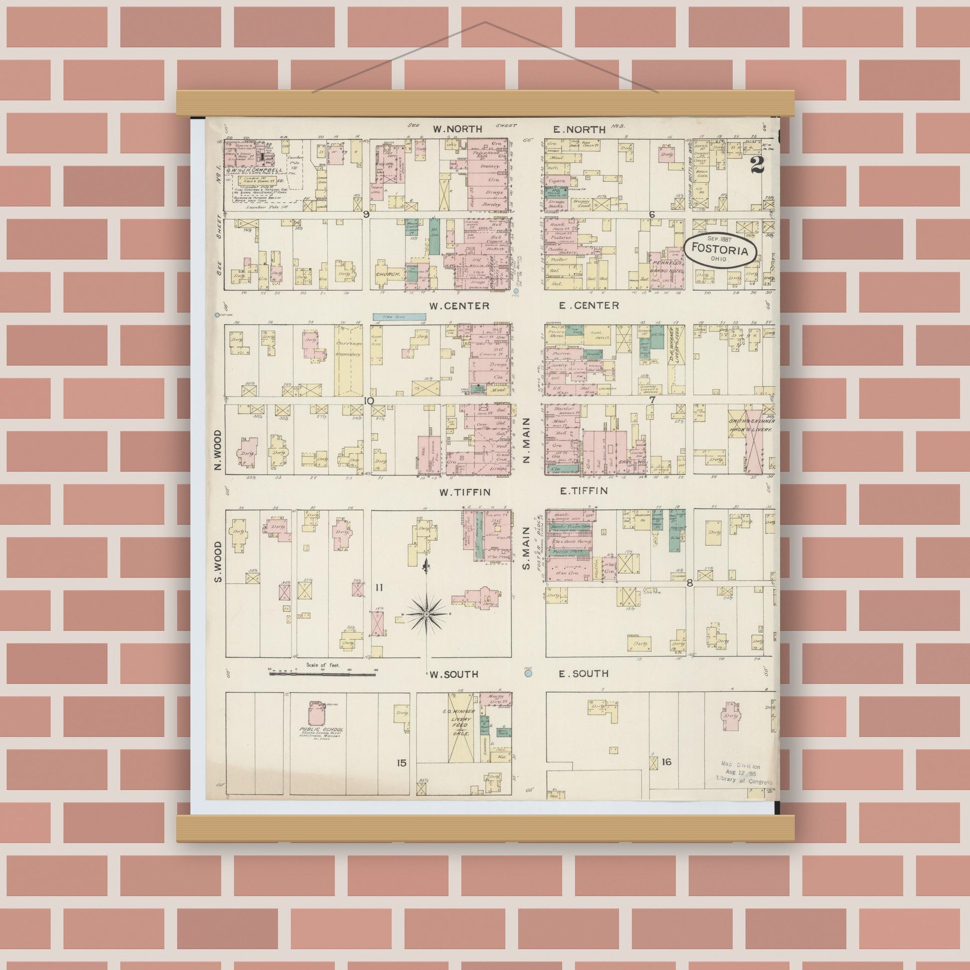 Old map wall art mockup — magnetic wood frame on brick wall — Sanborn Fire Insurance Map from Fostoria, Seneca, Hancock, And Wood Counties, Ohio (1887), Sheet #0002