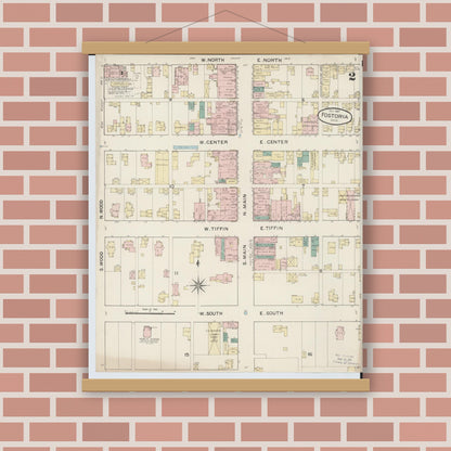 Old map wall art mockup — magnetic wood frame on brick wall — Sanborn Fire Insurance Map from Fostoria, Seneca, Hancock, And Wood Counties, Ohio (1887), Sheet #0002