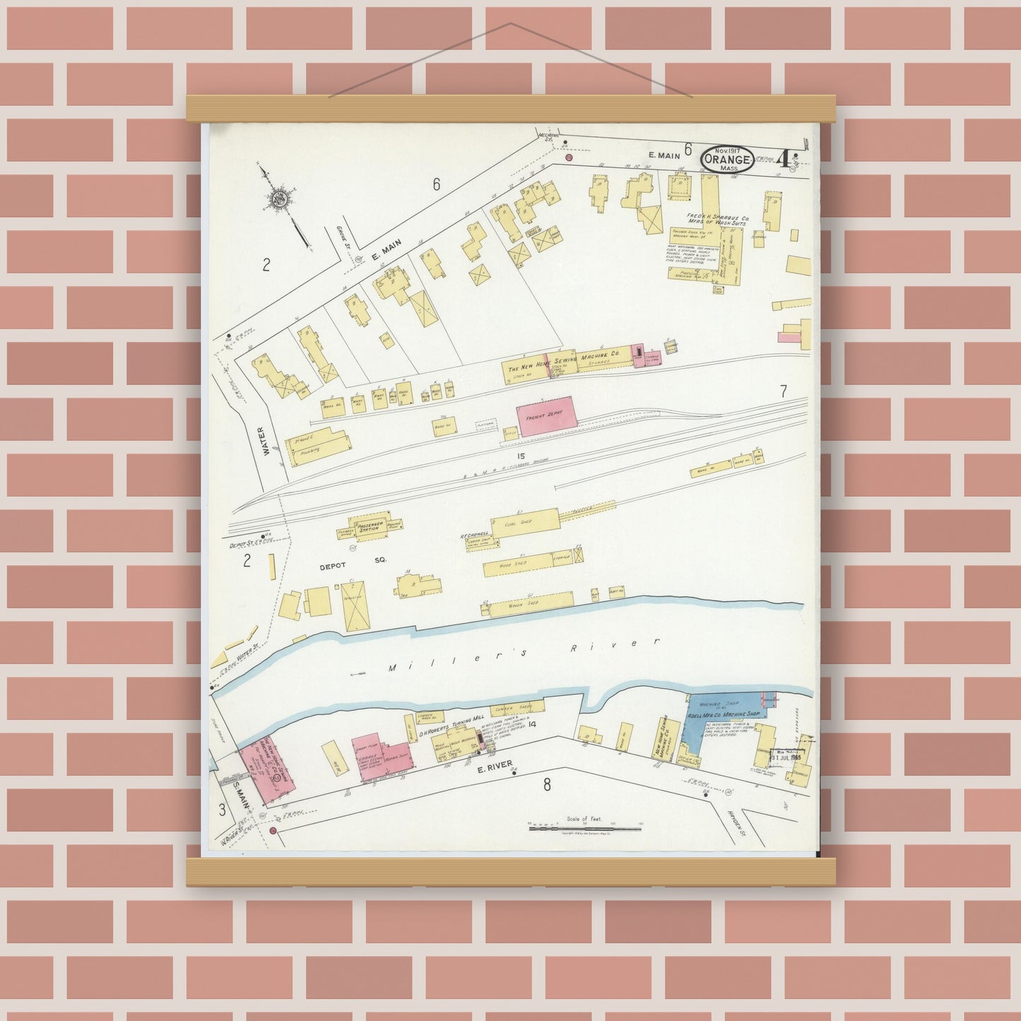 Old map wall art mockup — magnetic wood frame on brick wall — Sanborn Fire Insurance Map from Orange, Franklin County, Massachusetts (1917), Sheet #0004