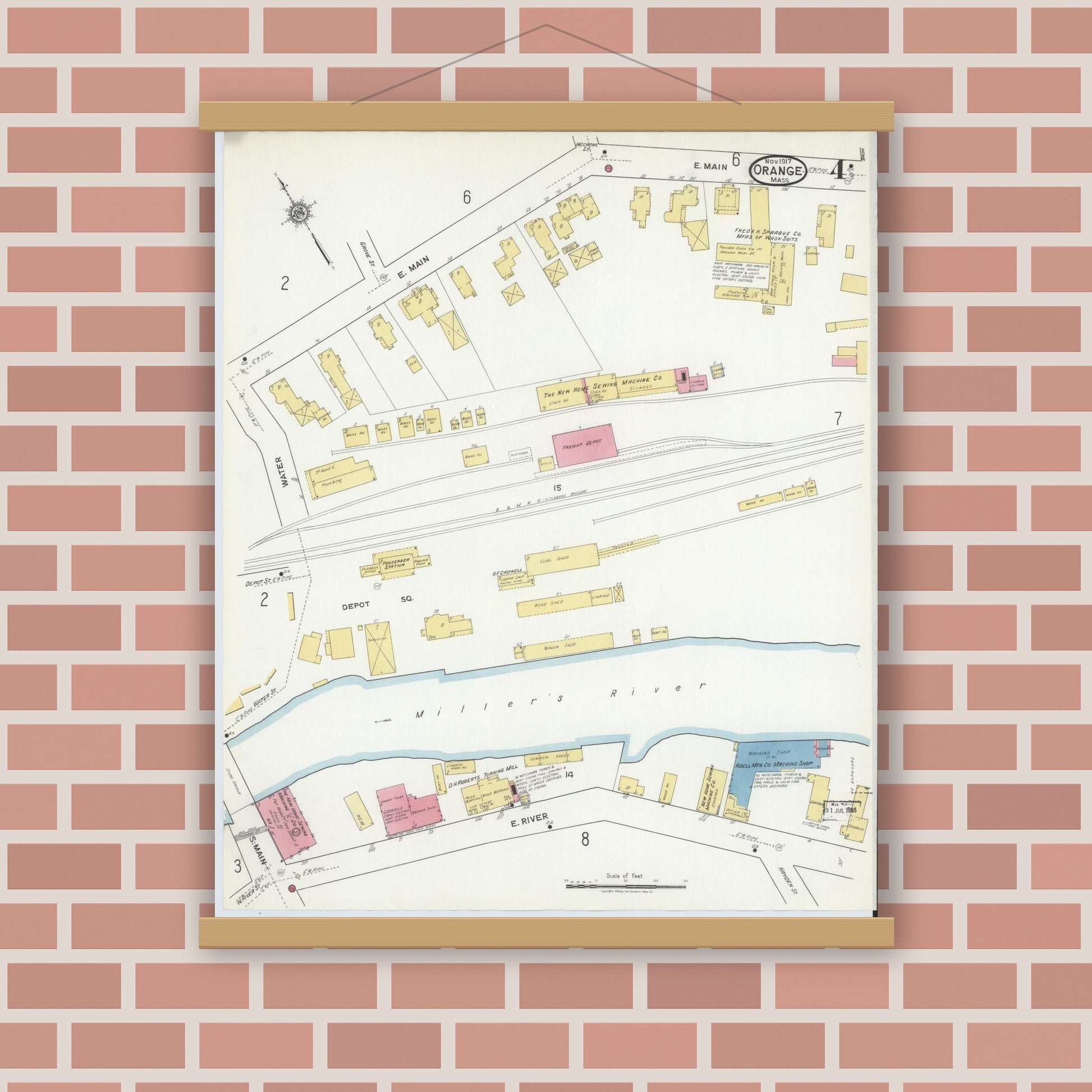 Old map wall art mockup — magnetic wood frame on brick wall — Sanborn Fire Insurance Map from Orange, Franklin County, Massachusetts (1917), Sheet #0004