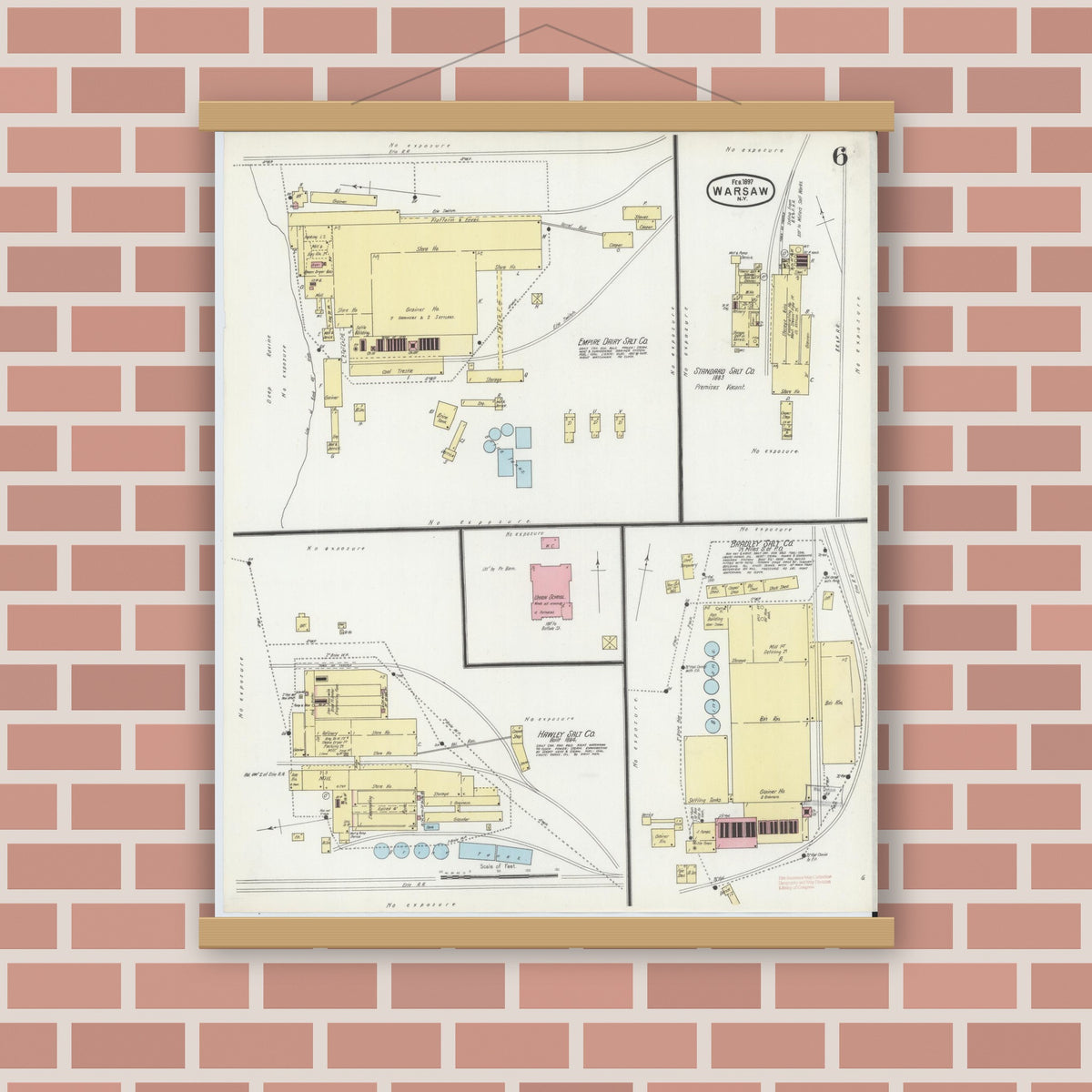 Old map wall art mockup — magnetic wood frame on brick wall — Sanborn Fire Insurance Map from Warsaw, Wyoming County, New York (1897), Sheet #0006