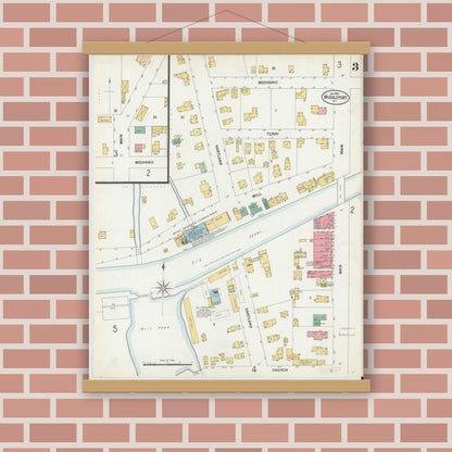 Old map wall art mockup — magnetic wood frame on brick wall — Sanborn Fire Insurance Map from Middleport, Niagara County, New York (1900), Sheet #0003