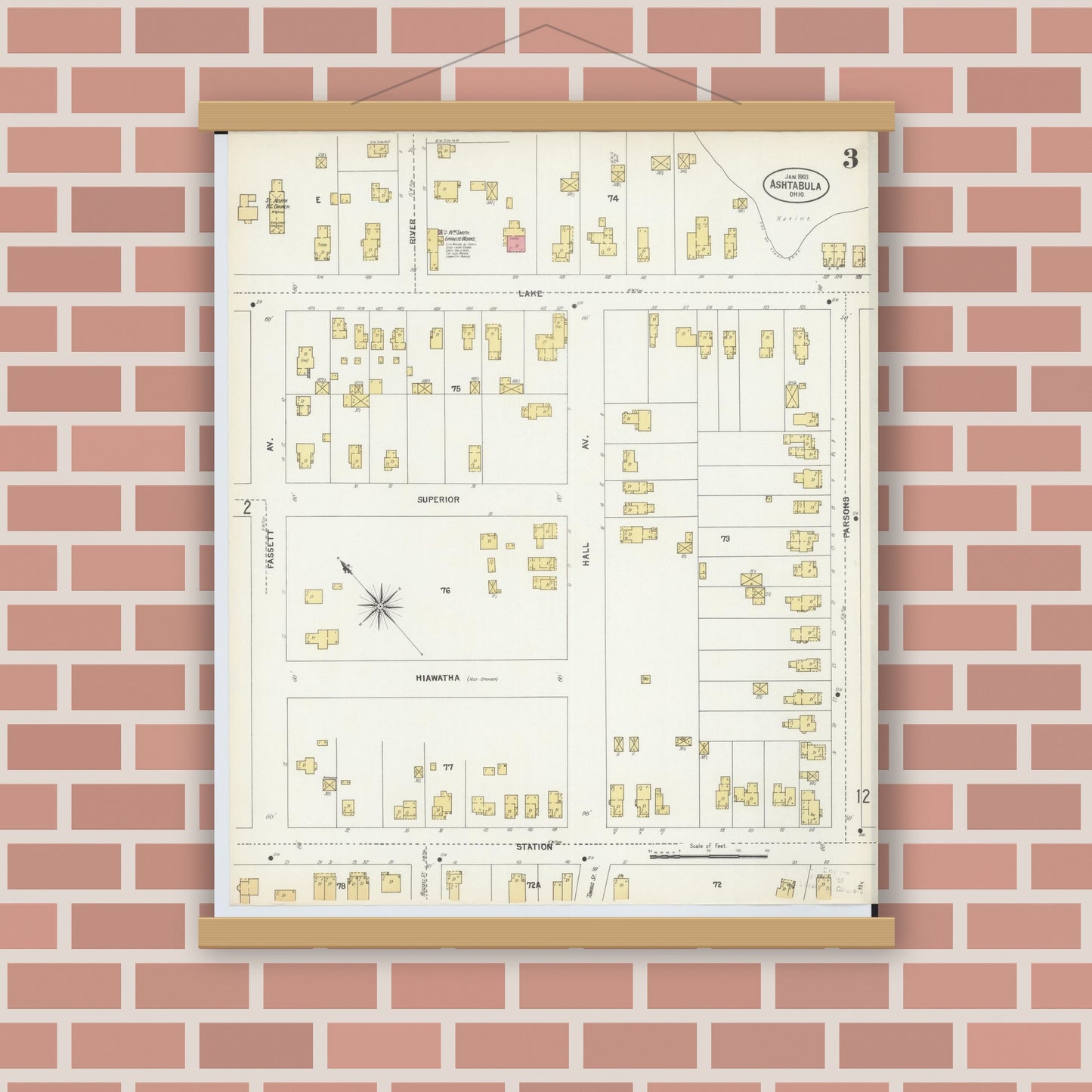 Old map wall art mockup — magnetic wood frame on brick wall — Sanborn Fire Insurance Map from Ashtabula, Ashtabula County, Ohio (1903), Sheet #0003