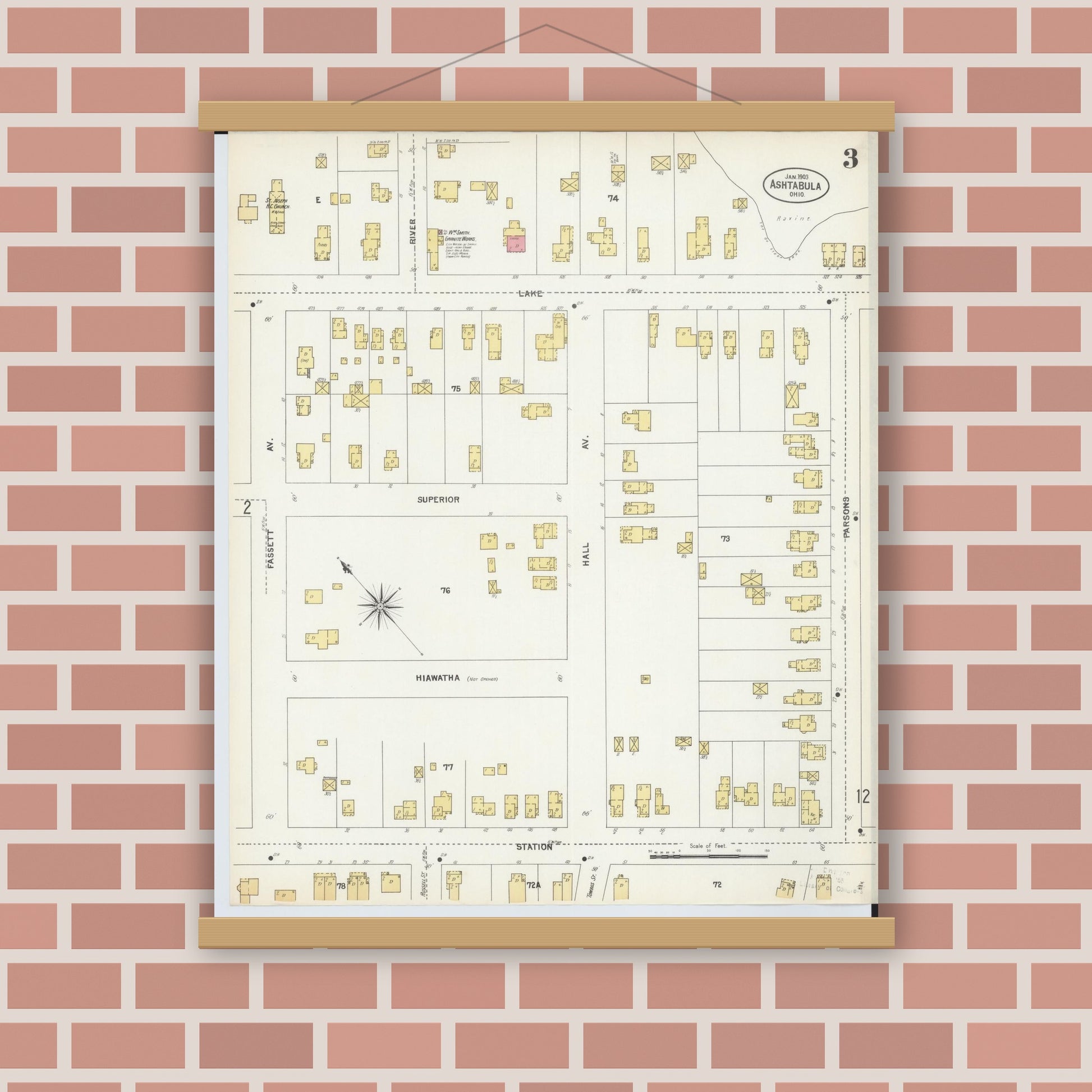Old map wall art mockup — magnetic wood frame on brick wall — Sanborn Fire Insurance Map from Ashtabula, Ashtabula County, Ohio (1903), Sheet #0003