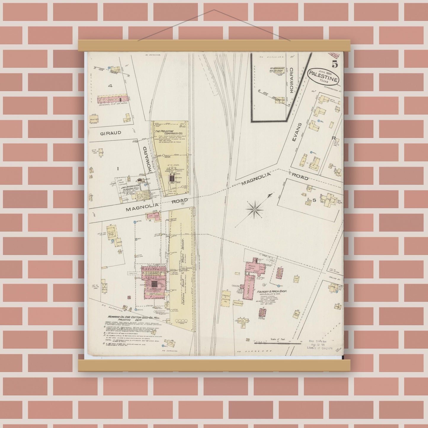 Old map wall art mockup — magnetic wood frame on brick wall — Sanborn Fire Insurance Map from Palestine, Anderson County, Texas (1885), Sheet #0005