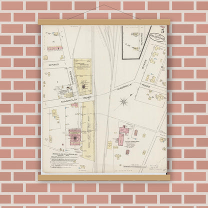 Old map wall art mockup — magnetic wood frame on brick wall — Sanborn Fire Insurance Map from Palestine, Anderson County, Texas (1885), Sheet #0005