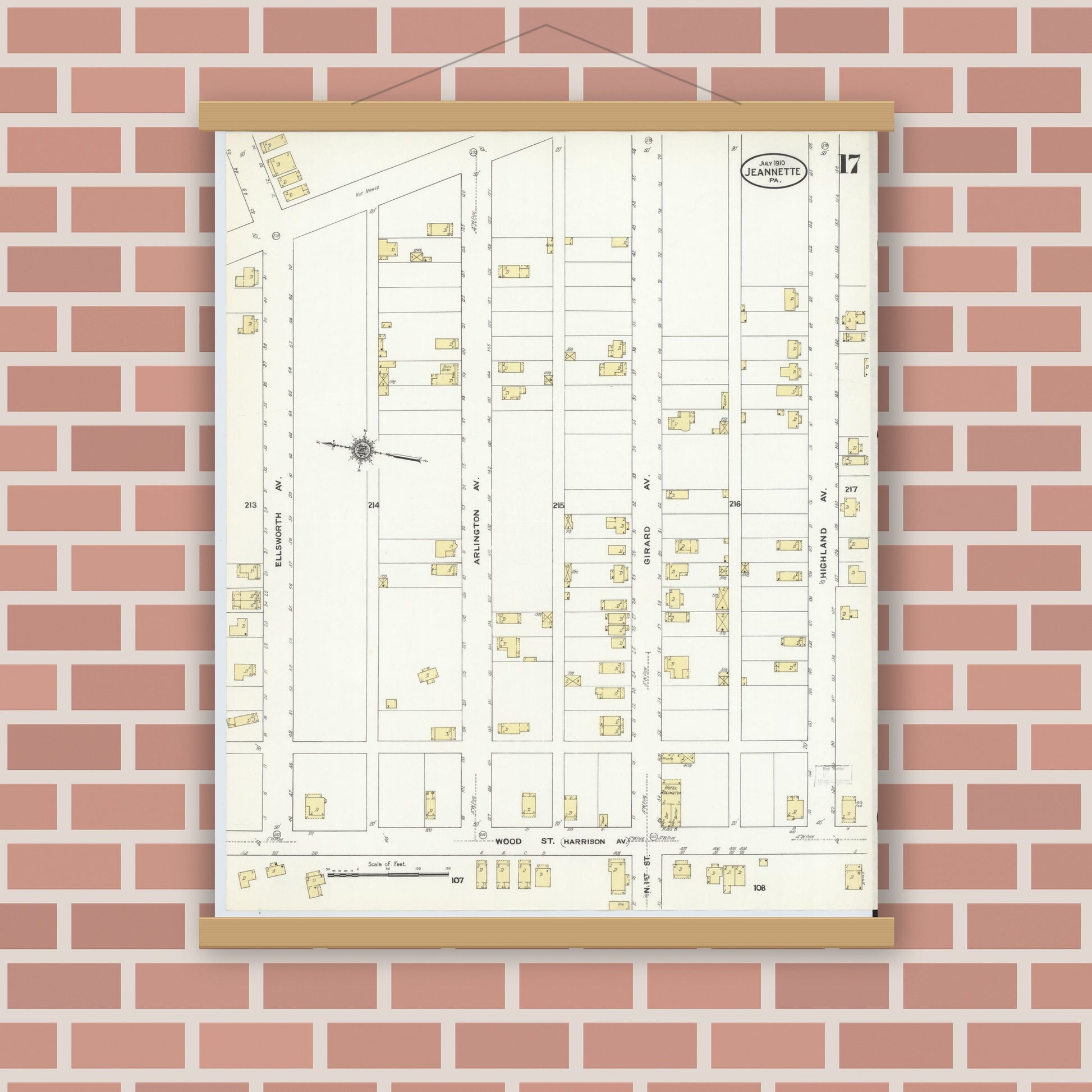 Old map wall art mockup — magnetic wood frame on brick wall — Sanborn Fire Insurance Map from Jeannette, Westmoreland County, Pennsylvania (1910), Sheet #0017