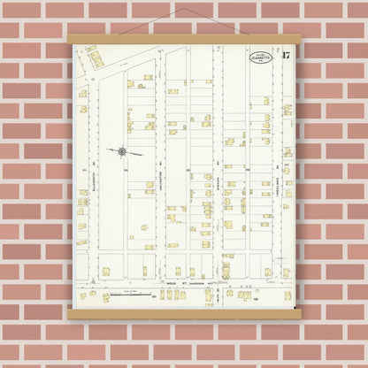 Old map wall art mockup — magnetic wood frame on brick wall — Sanborn Fire Insurance Map from Jeannette, Westmoreland County, Pennsylvania (1910), Sheet #0017
