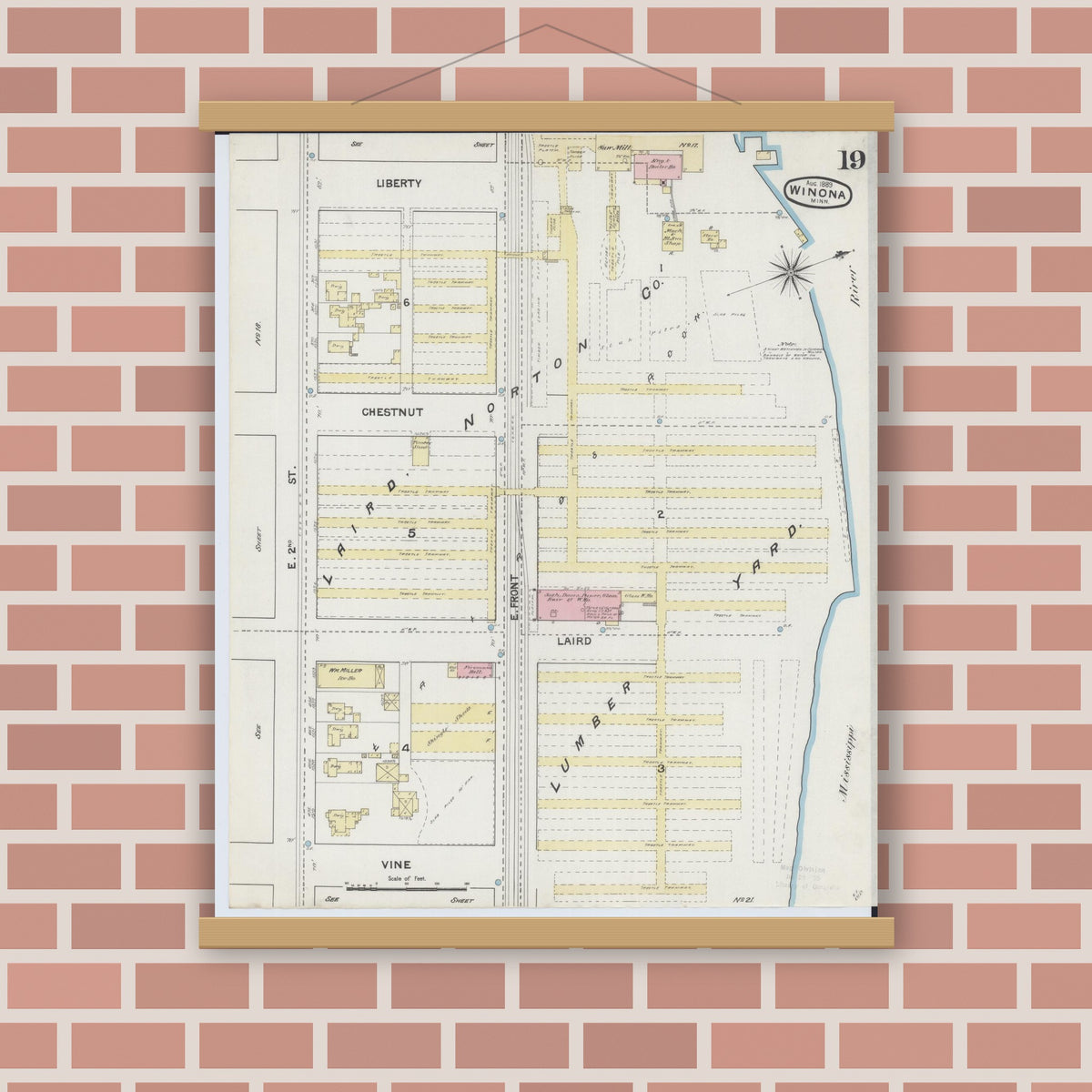 Old map wall art mockup — magnetic wood frame on brick wall — Sanborn Fire Insurance Map from Winona, Winona County, Minnesota (1889), Sheet #0019