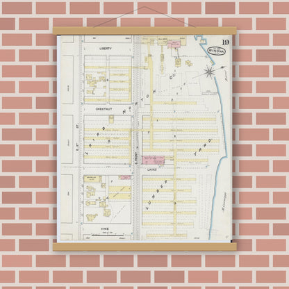 Old map wall art mockup — magnetic wood frame on brick wall — Sanborn Fire Insurance Map from Winona, Winona County, Minnesota (1889), Sheet #0019