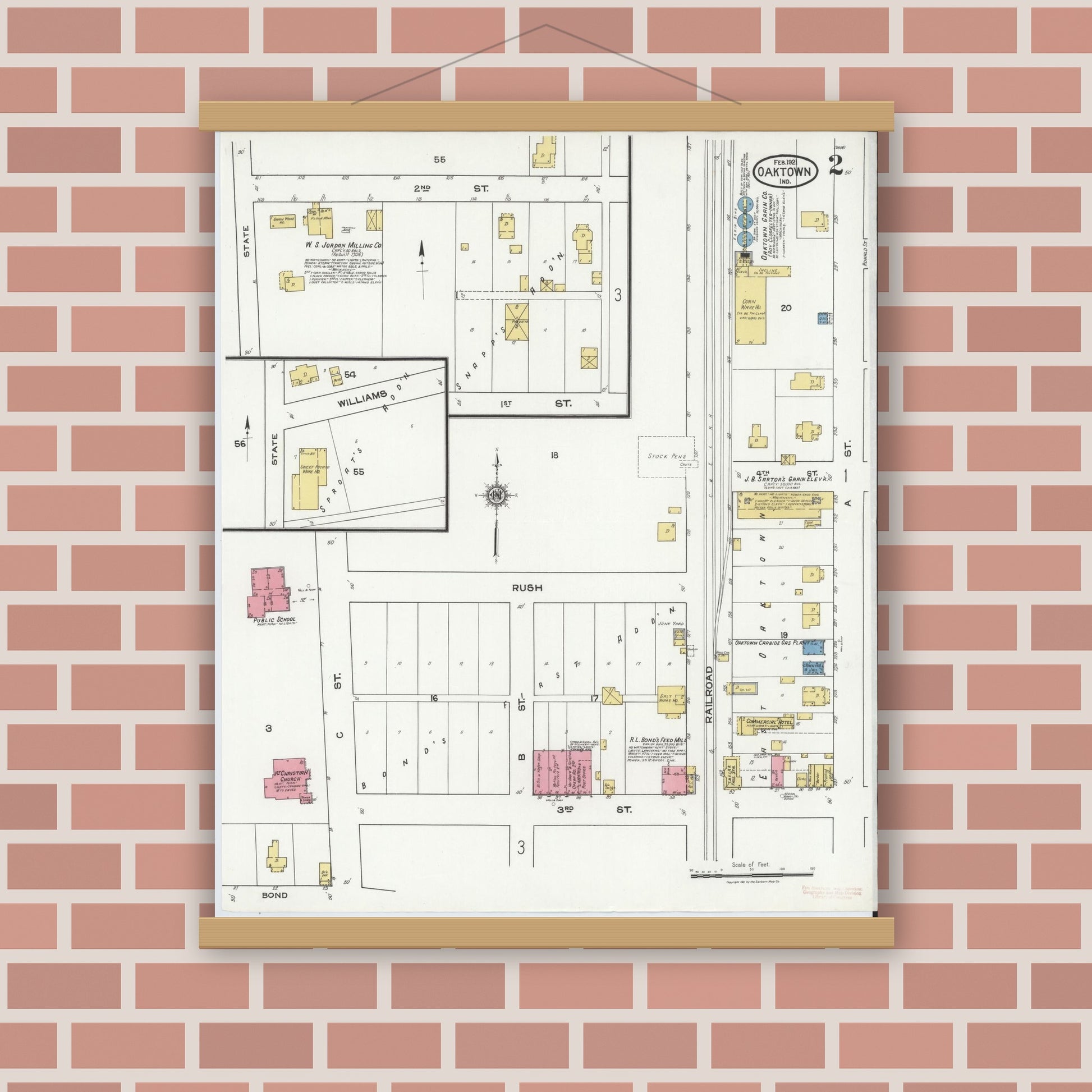 Old map wall art mockup — magnetic wood frame on brick wall — Sanborn Fire Insurance Map from Oaktown, Knox County, Indiana (1921), Sheet #0002