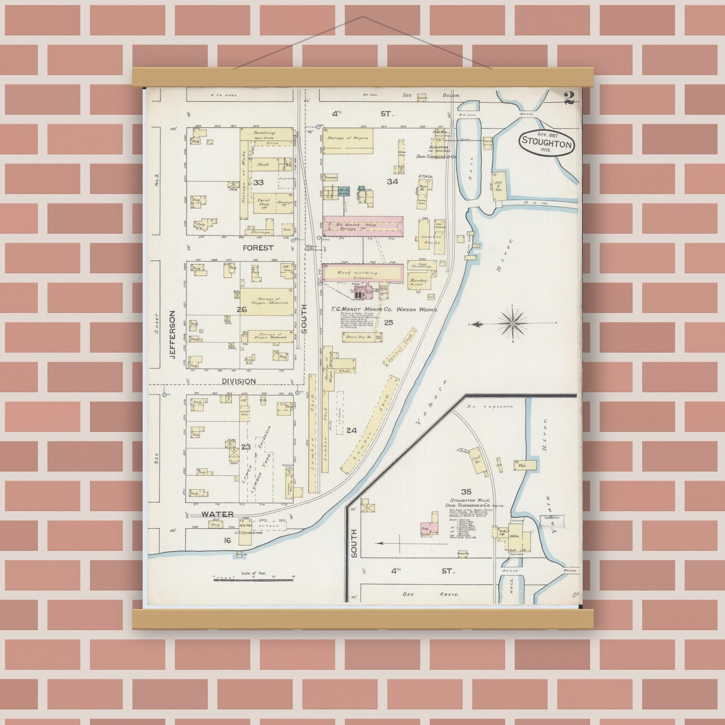 Old map wall art mockup — magnetic wood frame on brick wall — Sanborn Fire Insurance Map from Stoughton, Dane County, Wisconsin (1887), Sheet #0002