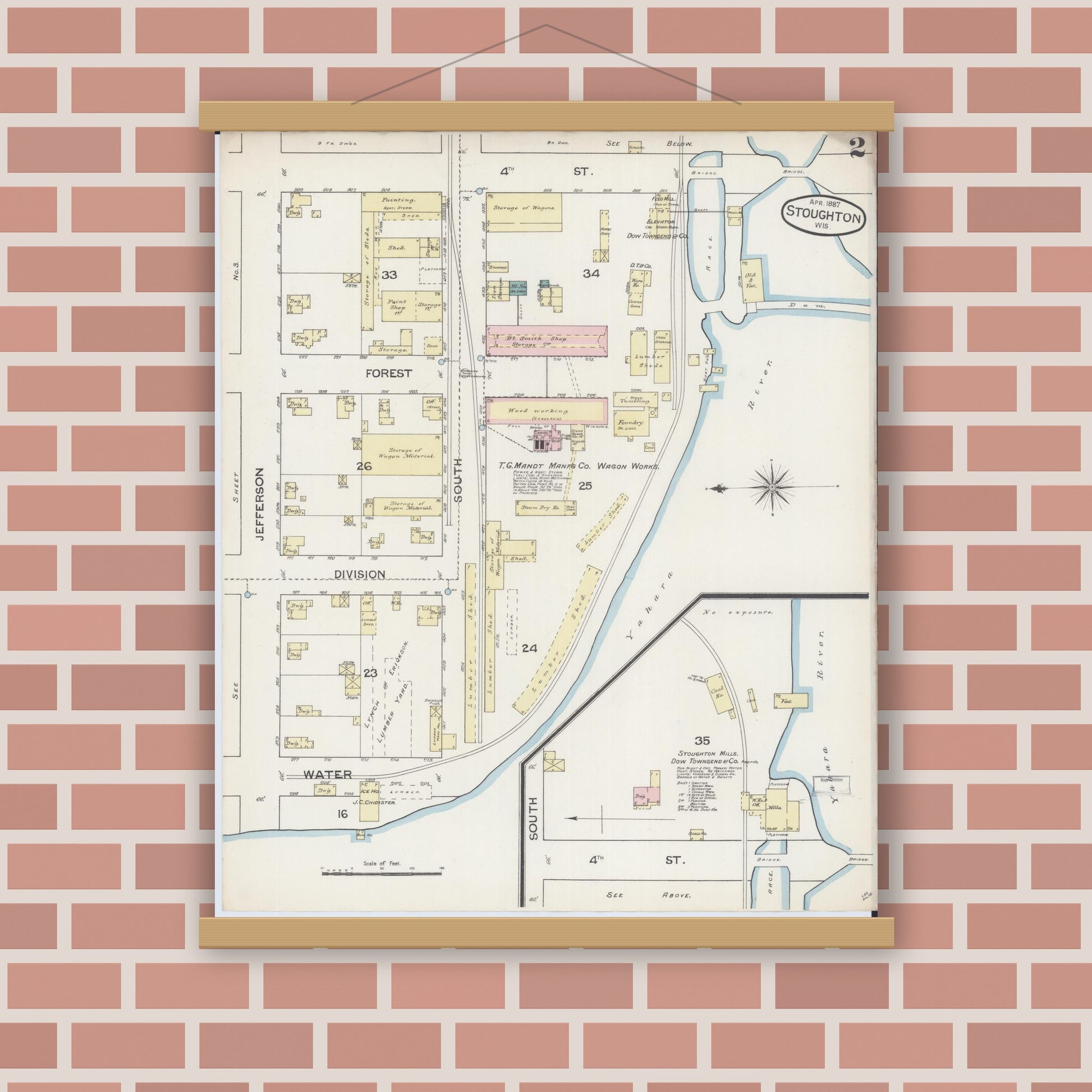 Old map wall art mockup — magnetic wood frame on brick wall — Sanborn Fire Insurance Map from Stoughton, Dane County, Wisconsin (1887), Sheet #0002