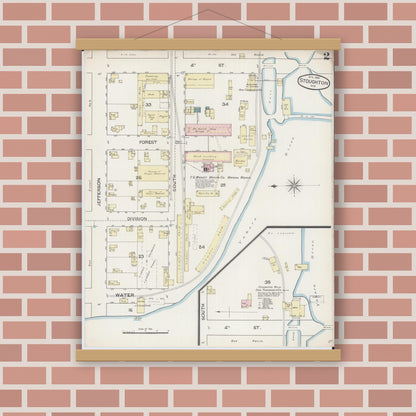 Old map wall art mockup — magnetic wood frame on brick wall — Sanborn Fire Insurance Map from Stoughton, Dane County, Wisconsin (1887), Sheet #0002