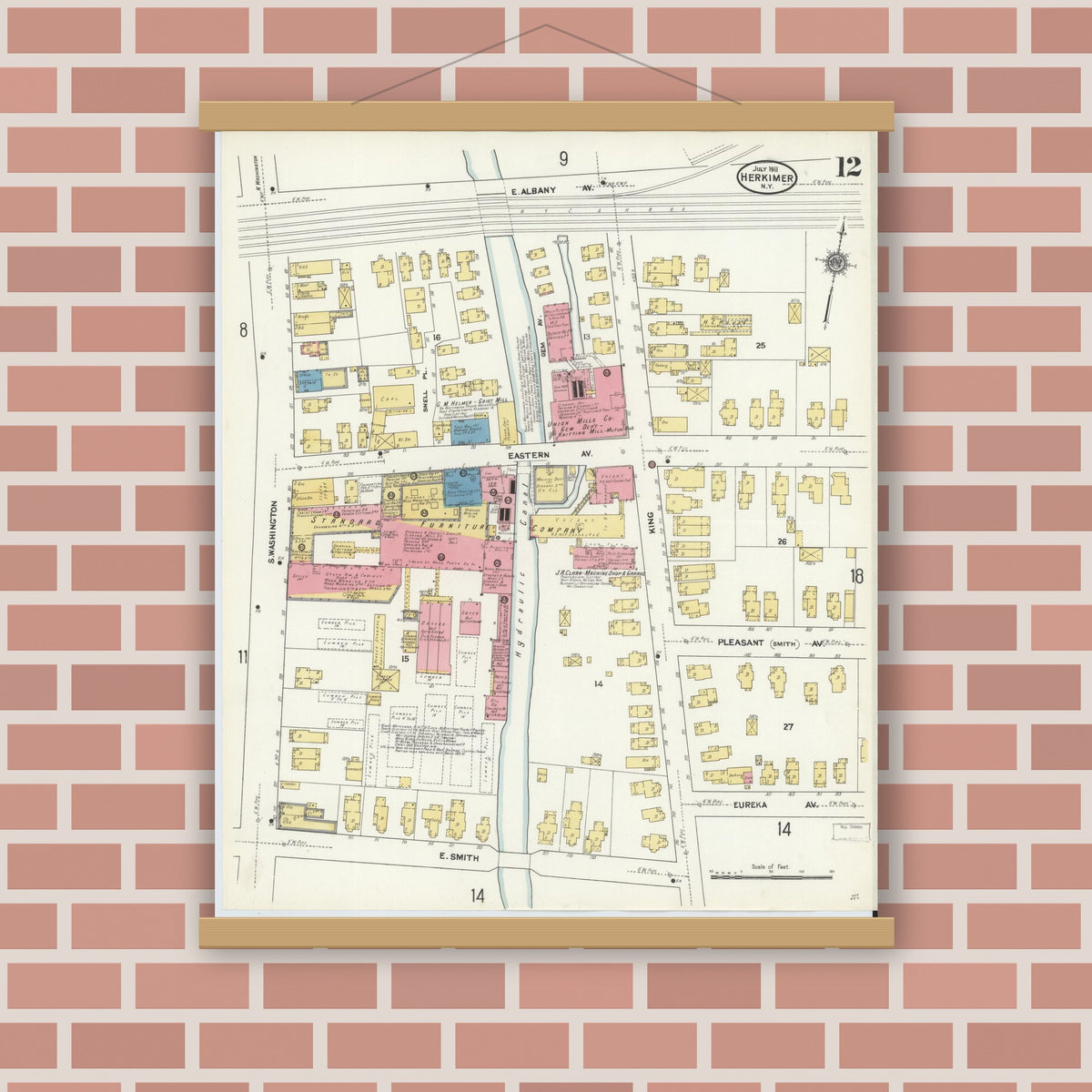 Old map wall art mockup — magnetic wood frame on brick wall — Sanborn Fire Insurance Map from Herkimer, Herkimer County, New York (1911), Sheet #0012